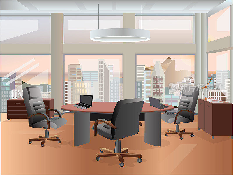 Office workplace interior design. Flat concept illustration. Business objects, elements & equipment.